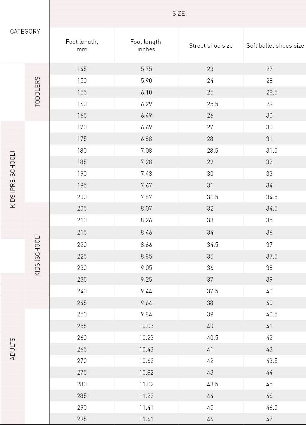 Soft ballet shoes sizes